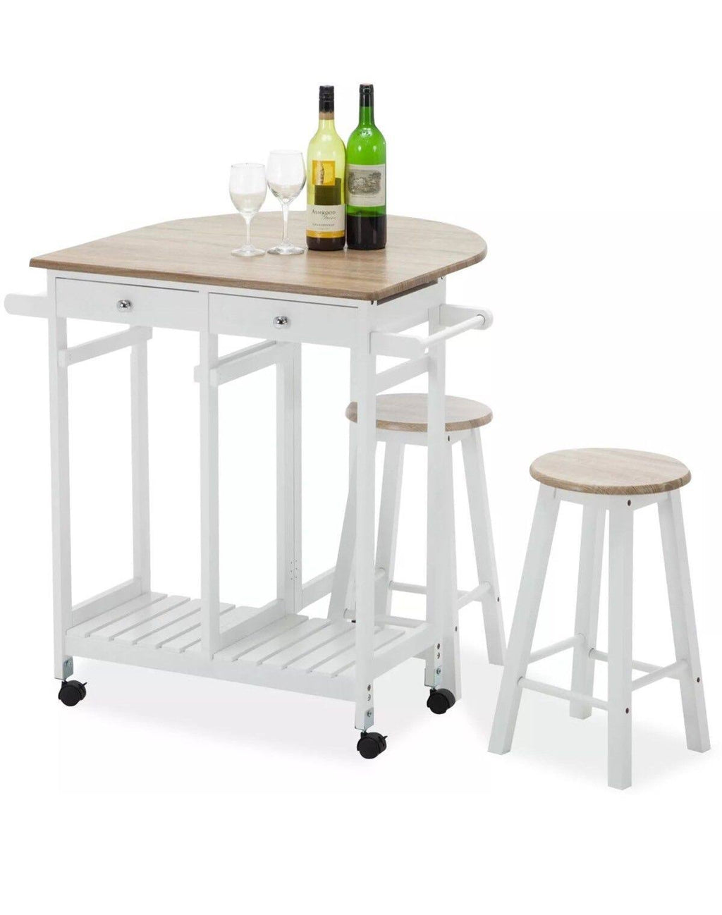 Oak Kitchen Island Cart with 2 Bar Stools and 2 Drawers N8773