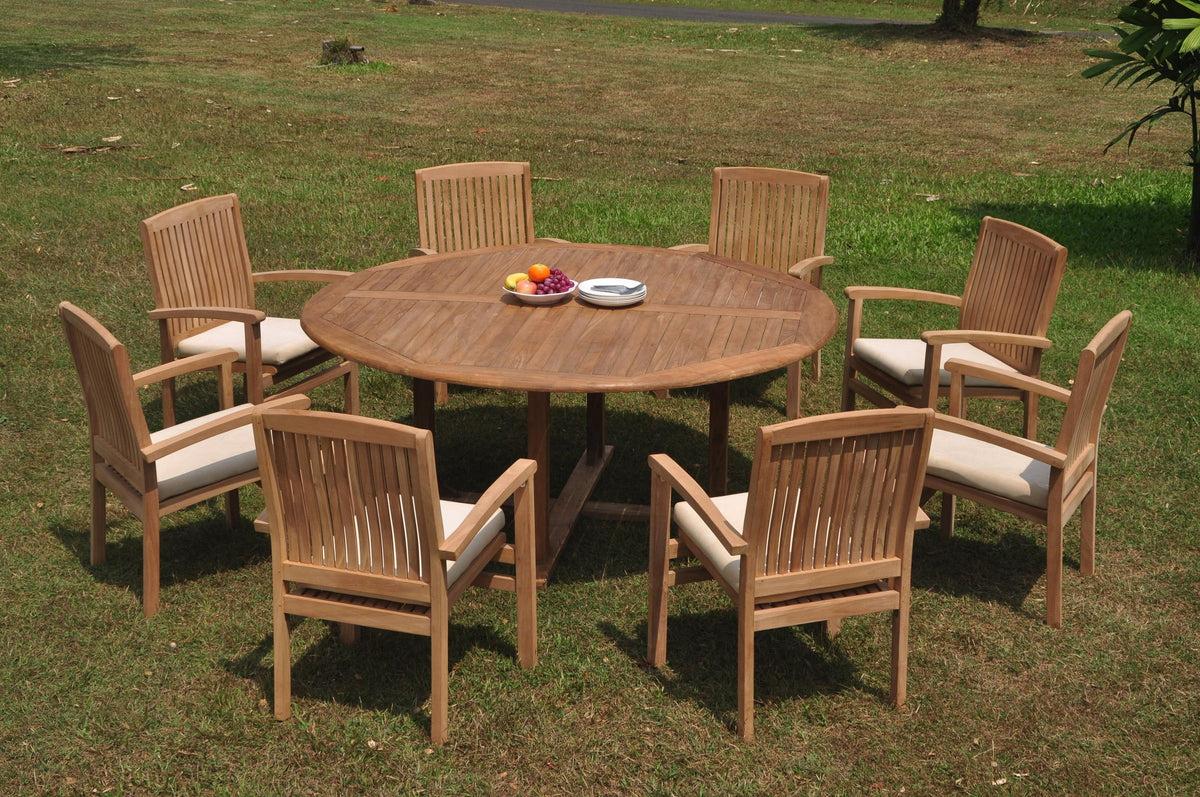 Grade-A Teak 9 Pc Dining Set: 72" Round Table And 8 Stacking Arm Chairs I2685