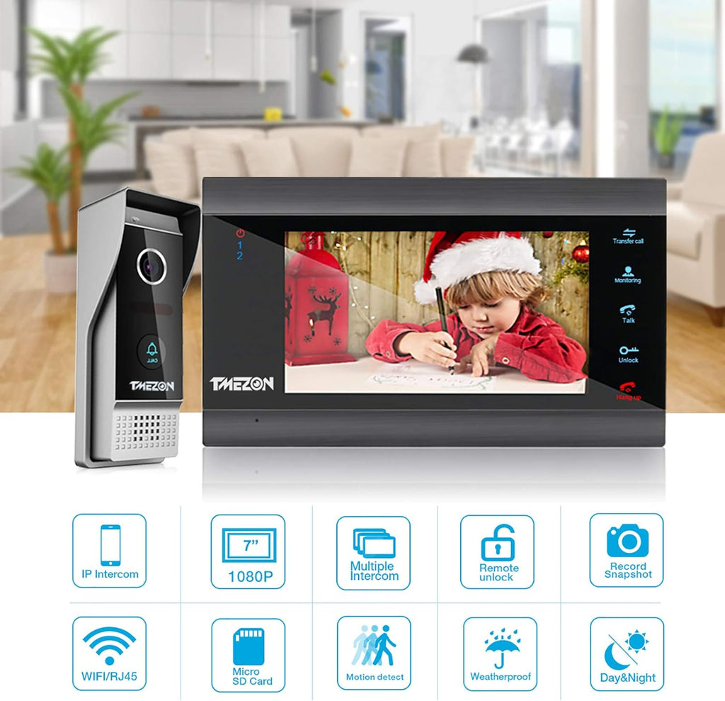 Wireless WIFI Video Door Phone IP Doorbell Intercom System with Camera 4 Wire 7 Inch Entry with 1x1080P Wired Camera Night Vision K82163