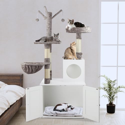 2-in-1 Wooden Cat Tree Tower with Litter Box Enclosure K65093