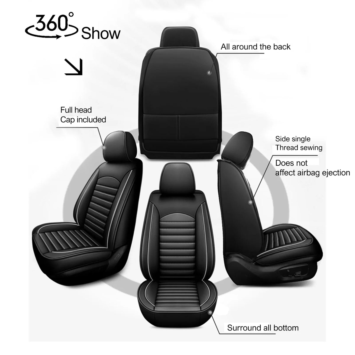 Black & White Faux Leather Car Seat Cover Full Set G5941