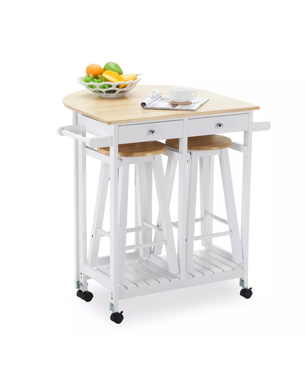 Oak Kitchen Island Cart with 2 Bar Stools and 2 Drawers N8773