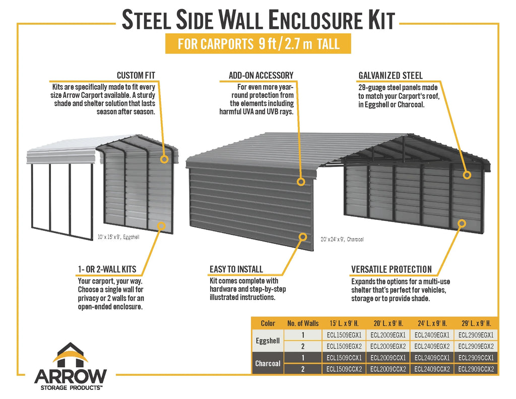 Galvanized Steel Carport Kit, 12' x 20' x 9' S1024
