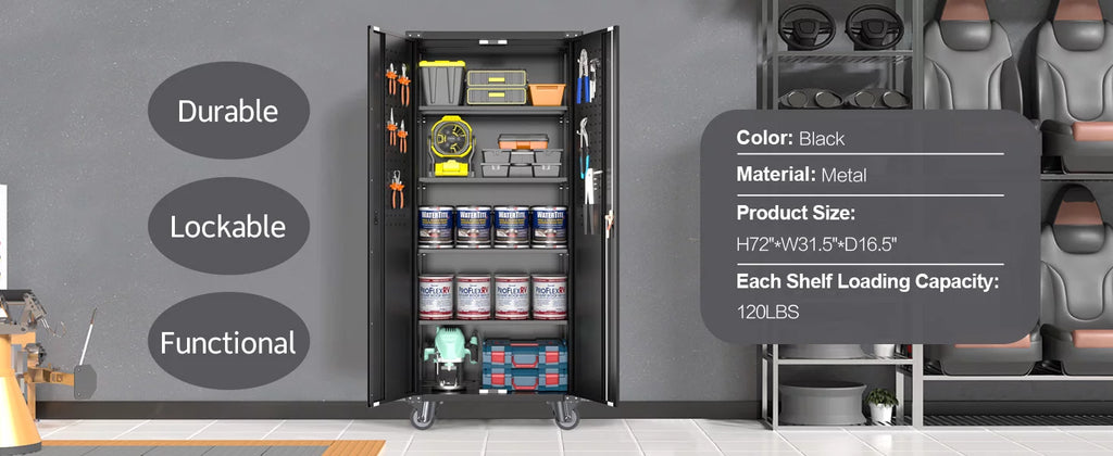 Black Metal Storage Cabinet with Wheels and Pegboard N2609