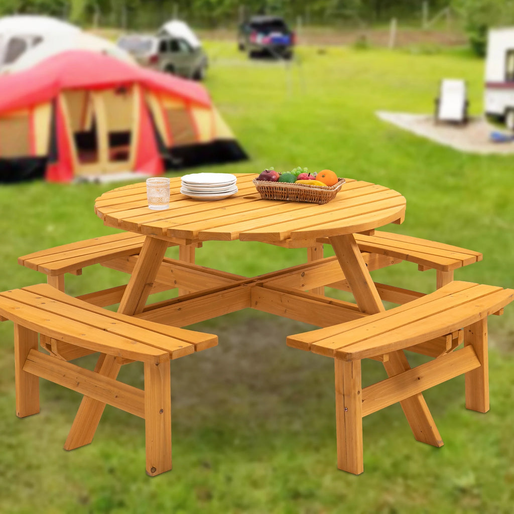 8-Person Wooden Picnic Table with 4 Built-in Benches N3674