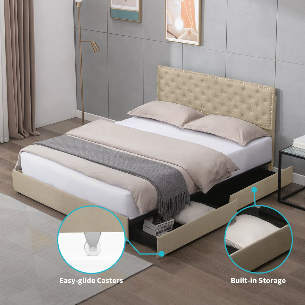 King Size Beige Platform Bed Frame with 4 Storage Drawers P7514