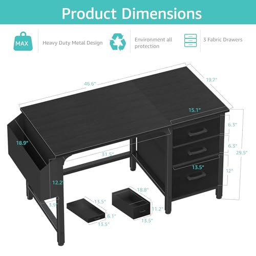 White 55 Inch Computer Desk with Fabric File Drawers Cabinet F14642
