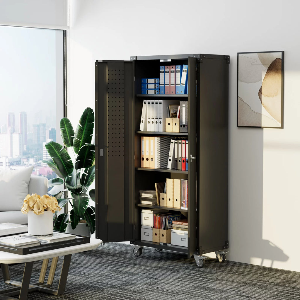 Black Metal Storage Cabinet with Wheels and Pegboard N2609