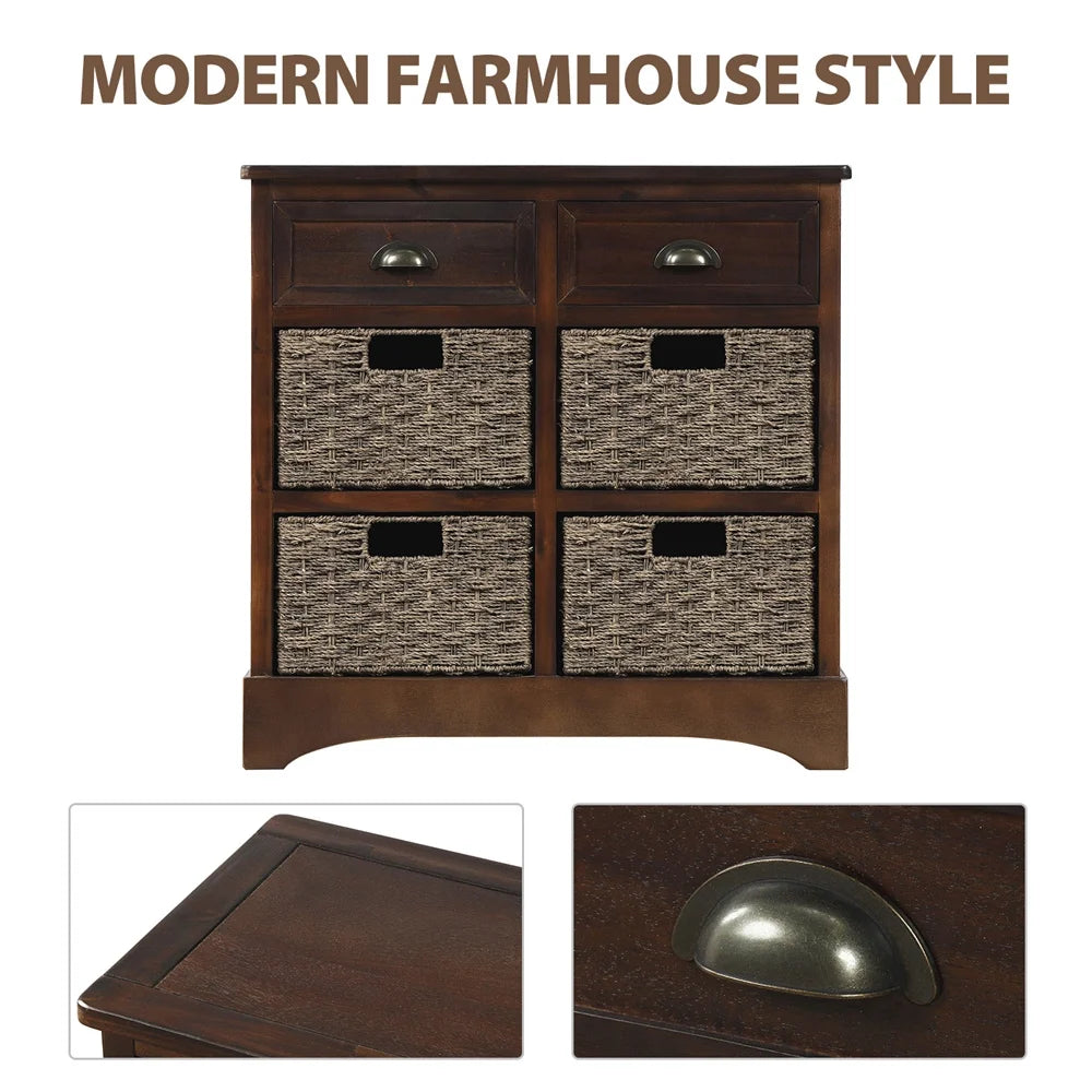 Espresso Wood Storage Cabinet with 2 Drawers and 4 Wicker Baskets B526