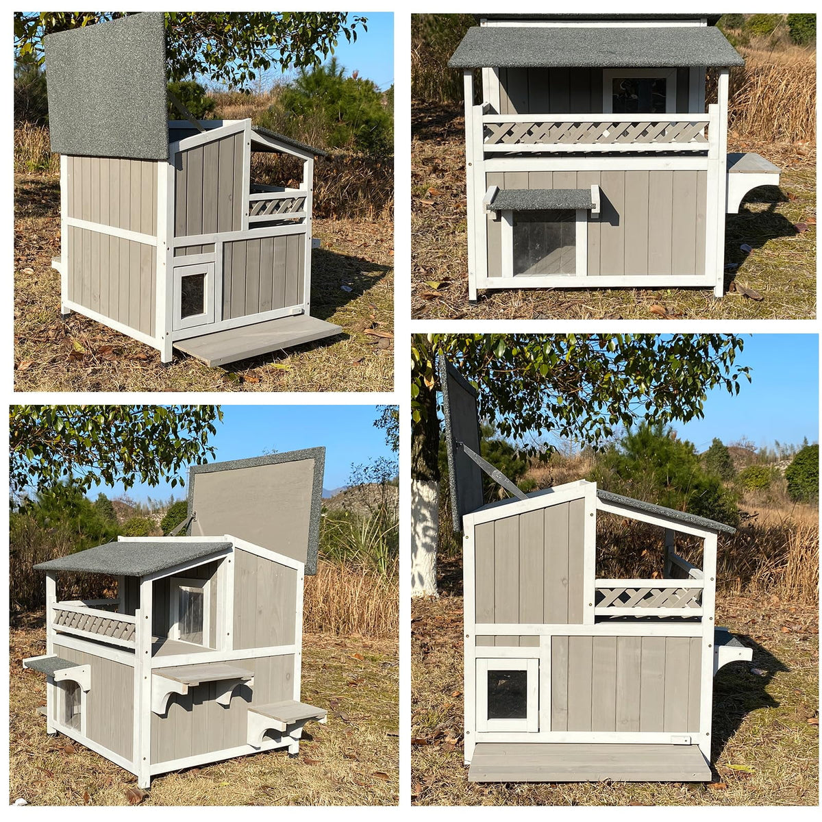 Outdoor 2-Story Wooden Cat House with Balcony M715054