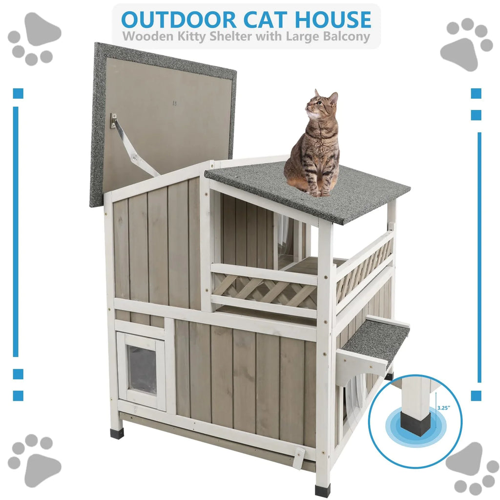 Outdoor 2-Story Wooden Cat House with Balcony M715054