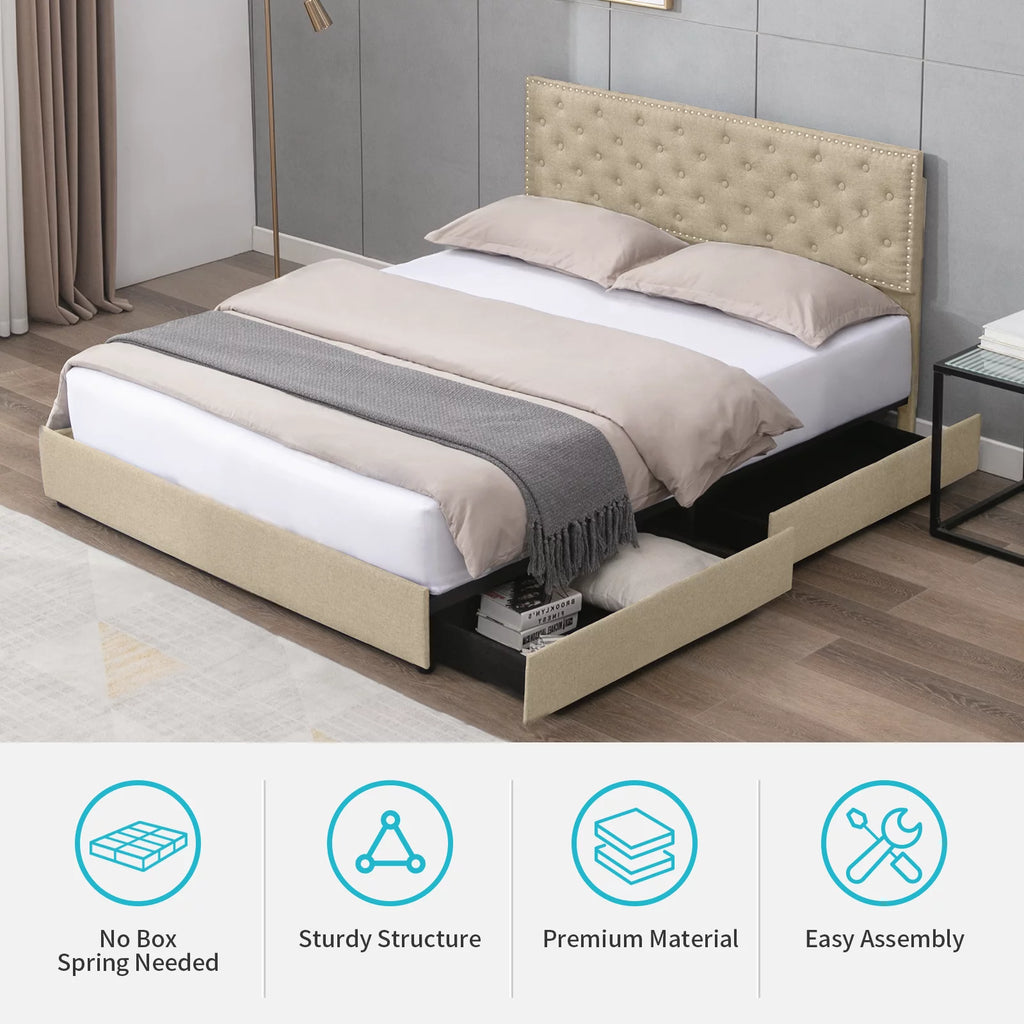 King Size Beige Platform Bed Frame with 4 Storage Drawers P7514