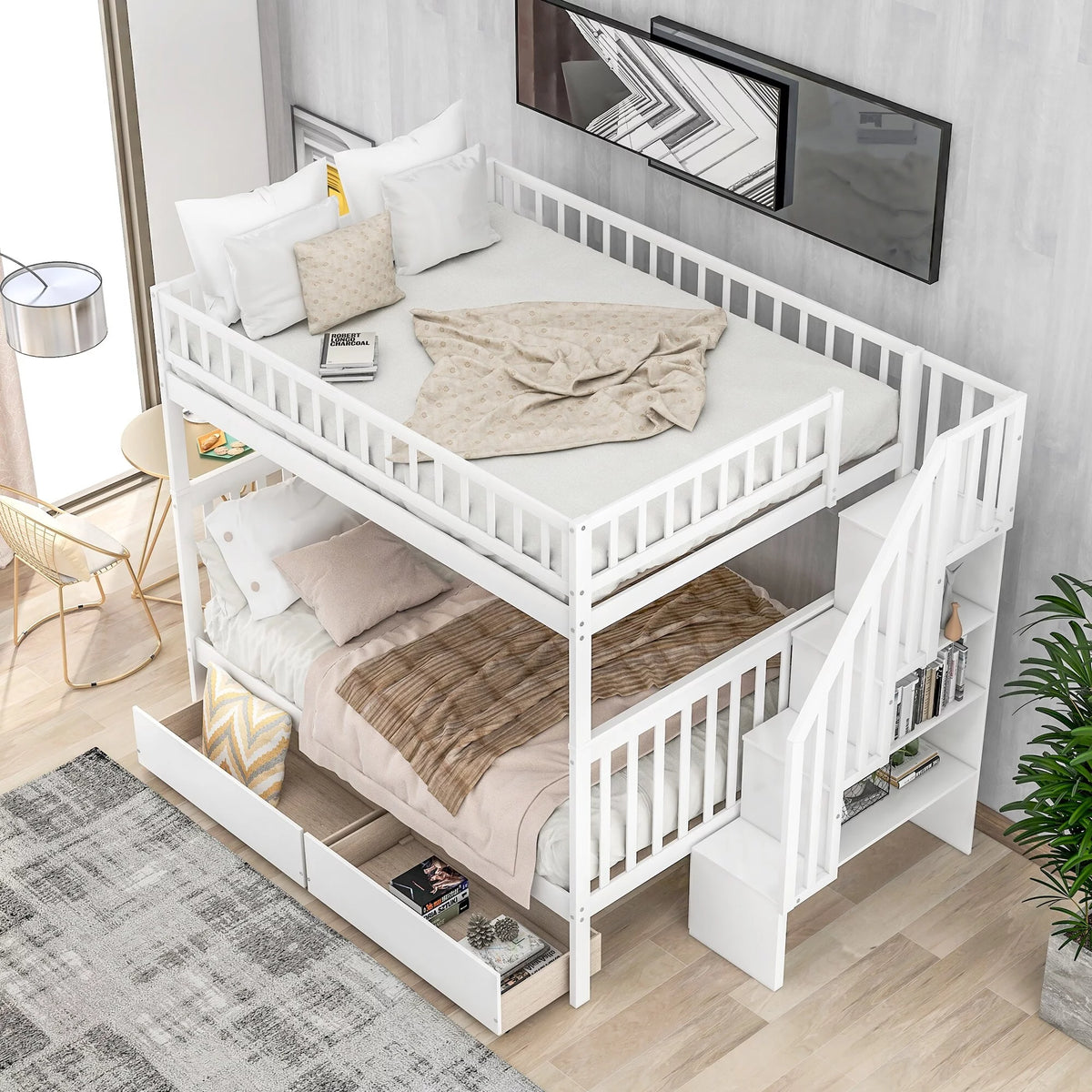 White Full over Full Bunk Bed with Two Drawers Q65362