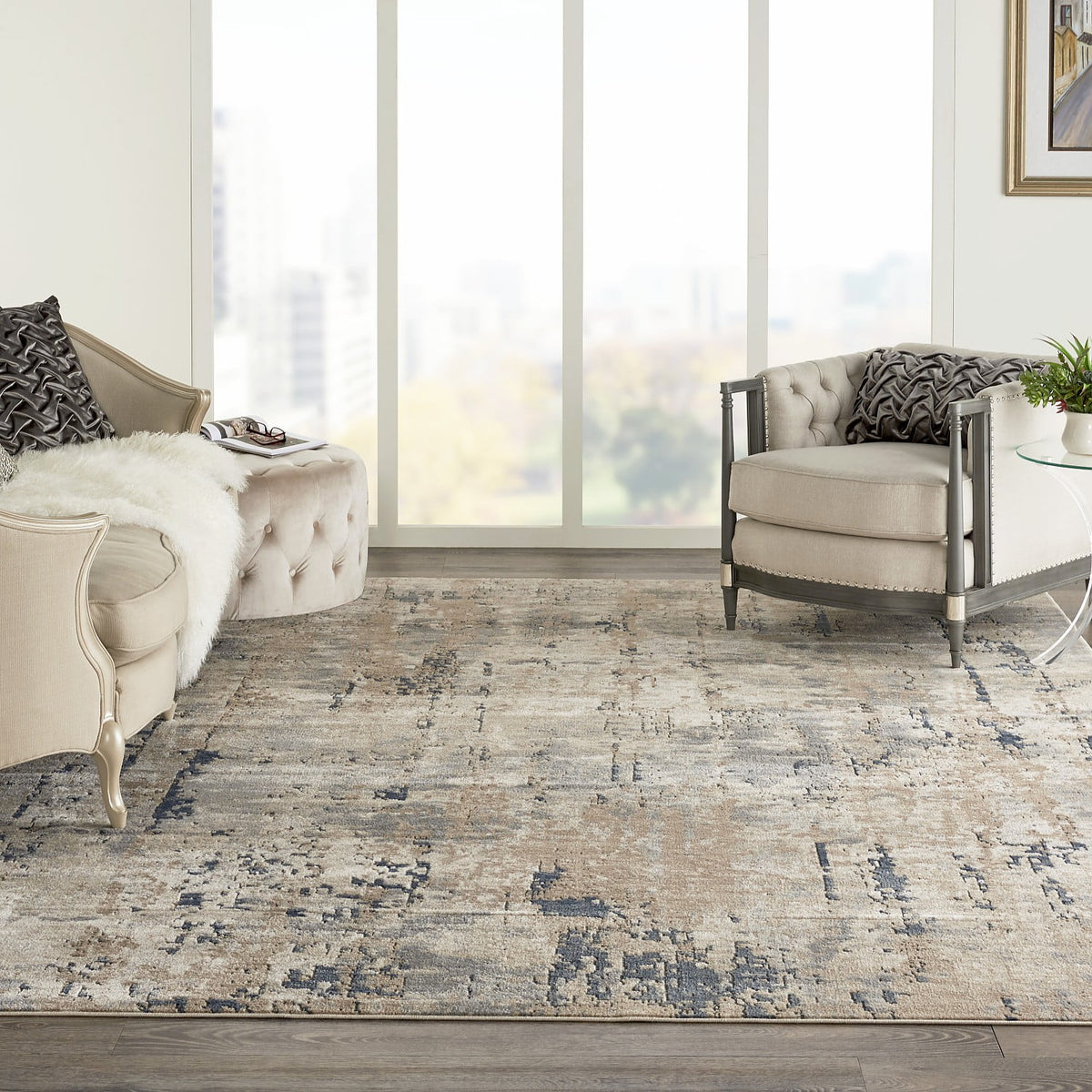 Beige/Grey 10' x 14' Abstract Distressed Area Rug M4752