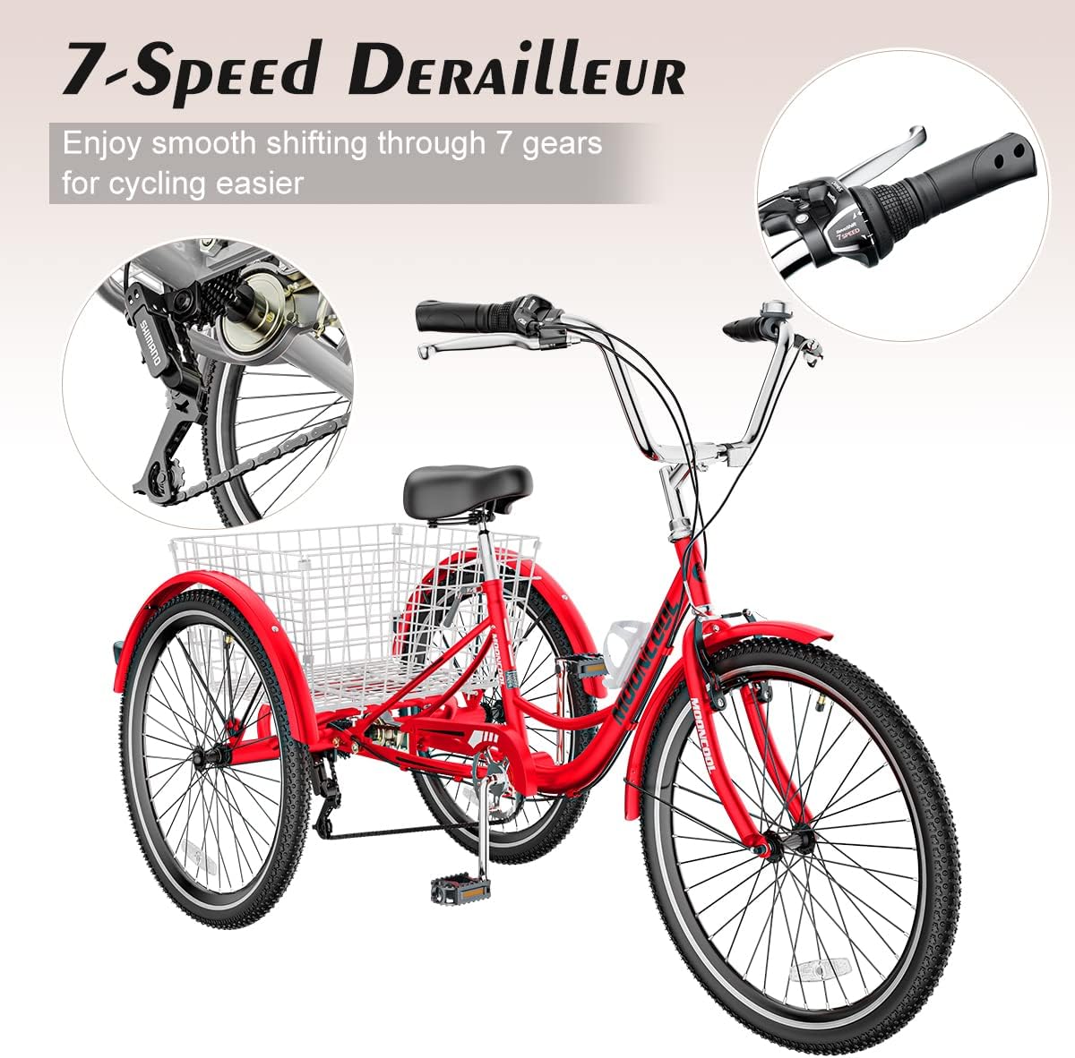 Red 7 Speed 3 Wheel Adult Tricycle with Basket F66353