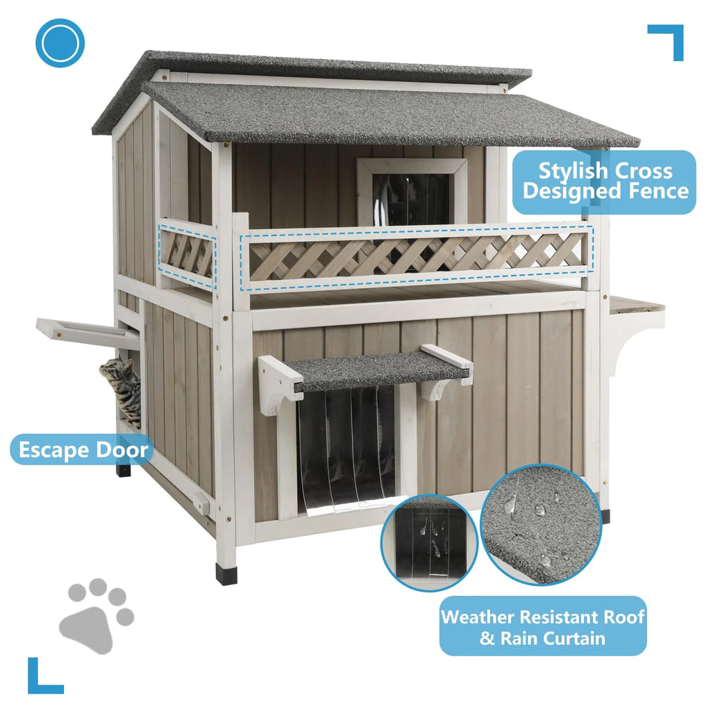 Outdoor 2-Story Wooden Cat House with Balcony M715054