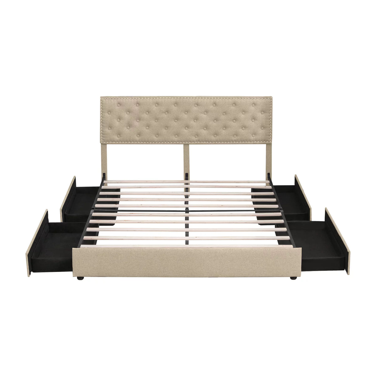 King Size Beige Platform Bed Frame with 4 Storage Drawers P7514