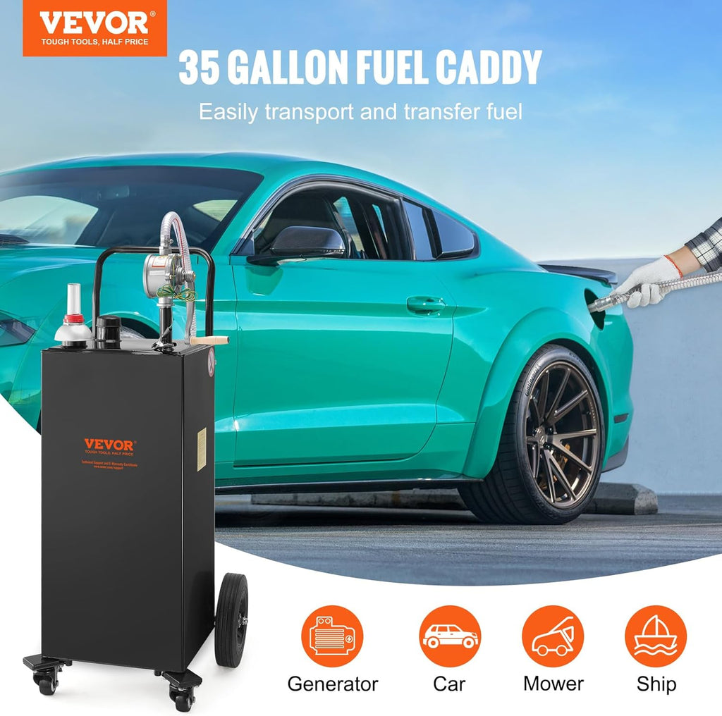 35 Gallon Black Fuel Caddy on 4 Wheels with Manual Transfer Pump E483666