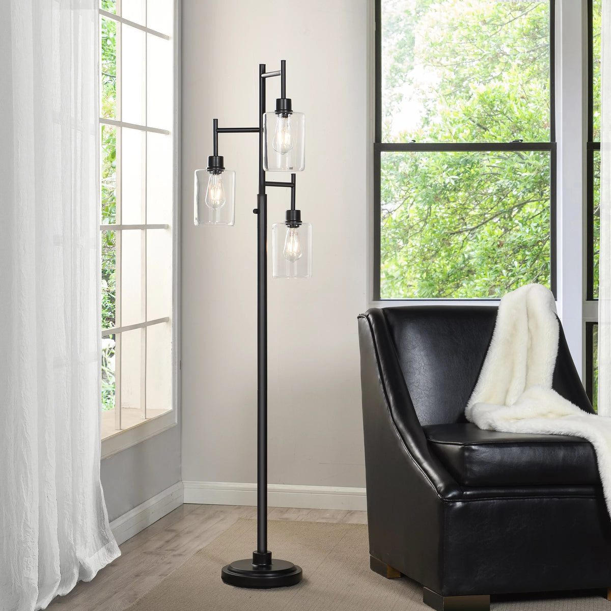 Black 3-Tier Floor Lamp with Glass Shades I18806