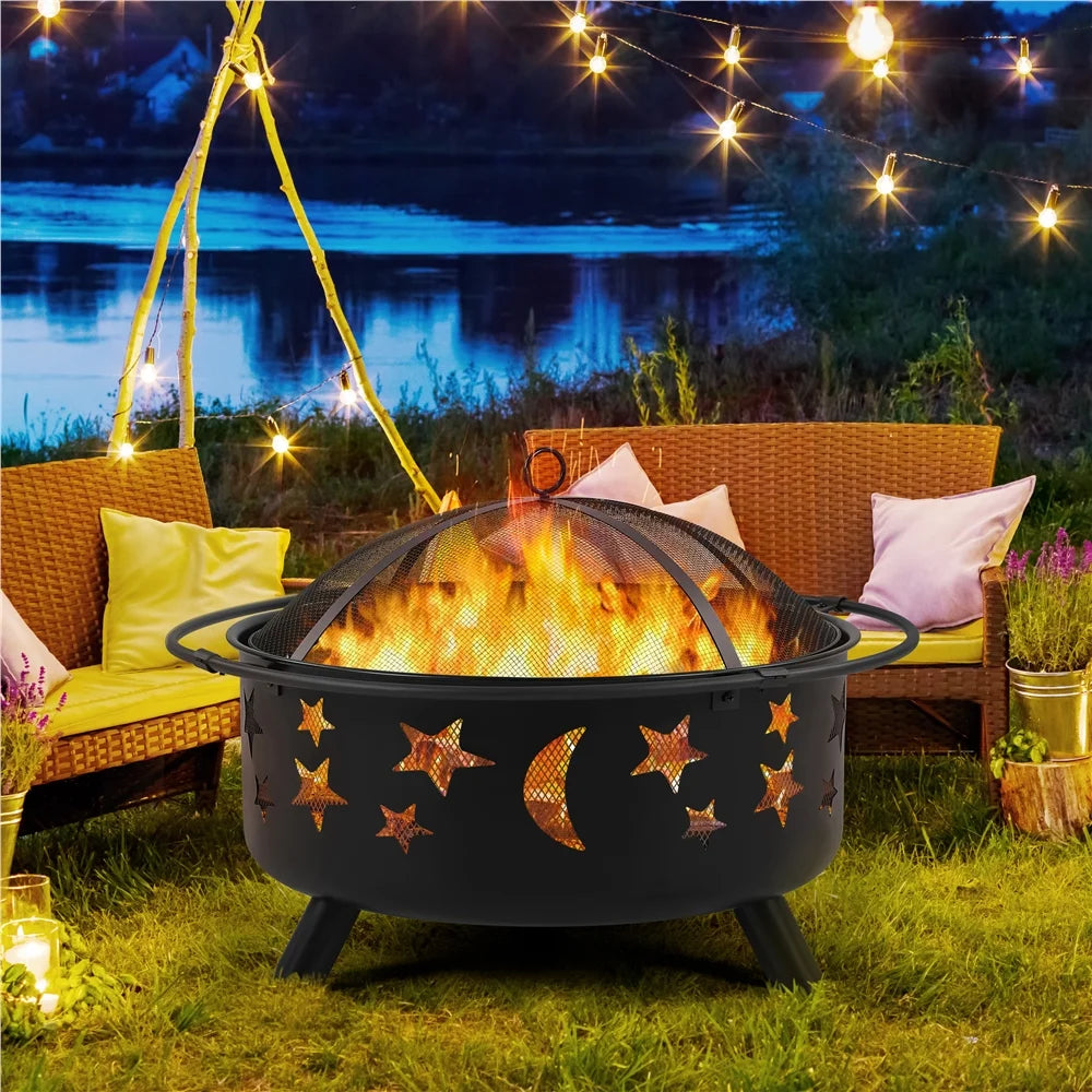 Black Iron Fire Pit with Poker Mesh Cover F8587
