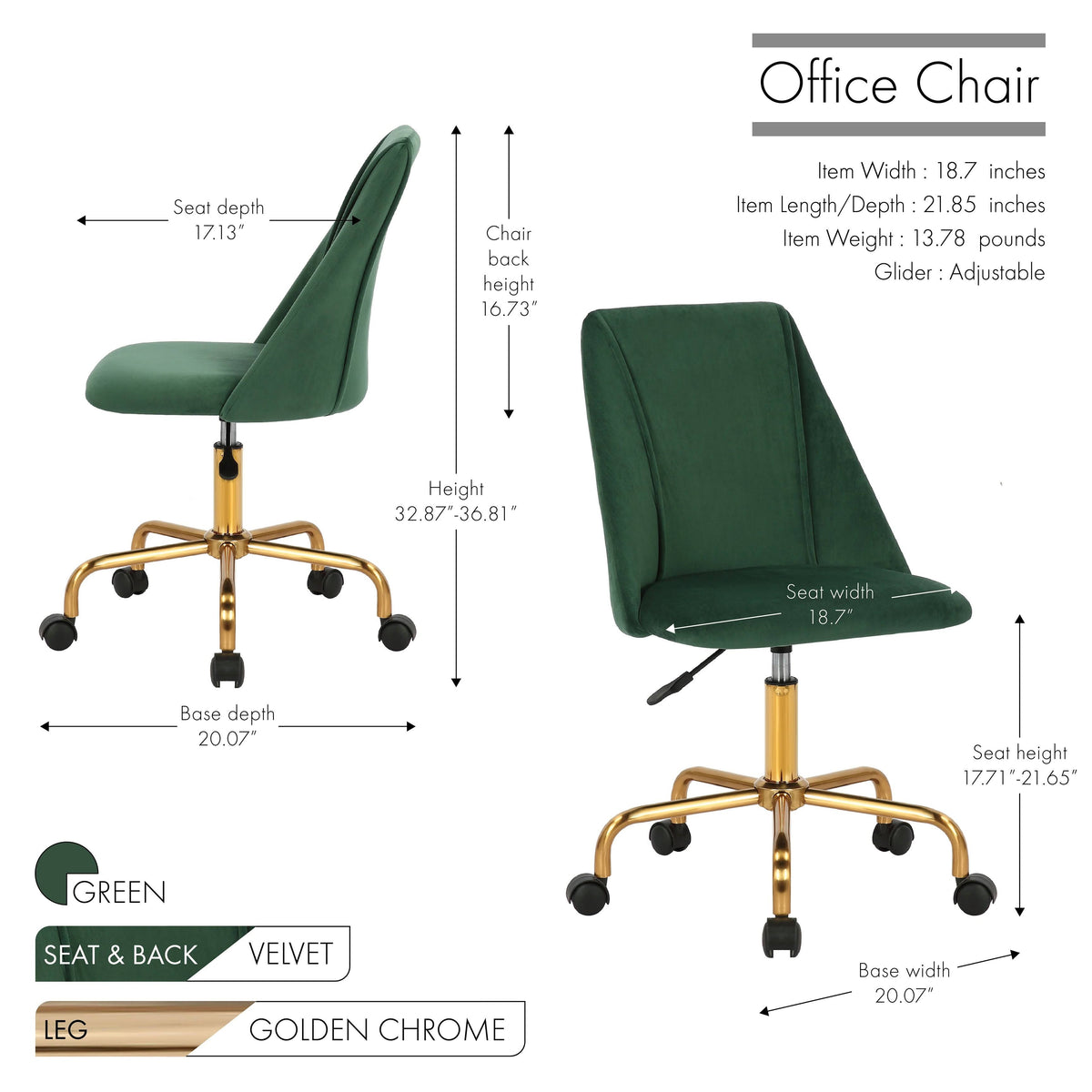 Aqua Velvet Armless Office Chair with Gold Metal Legs Z251354
