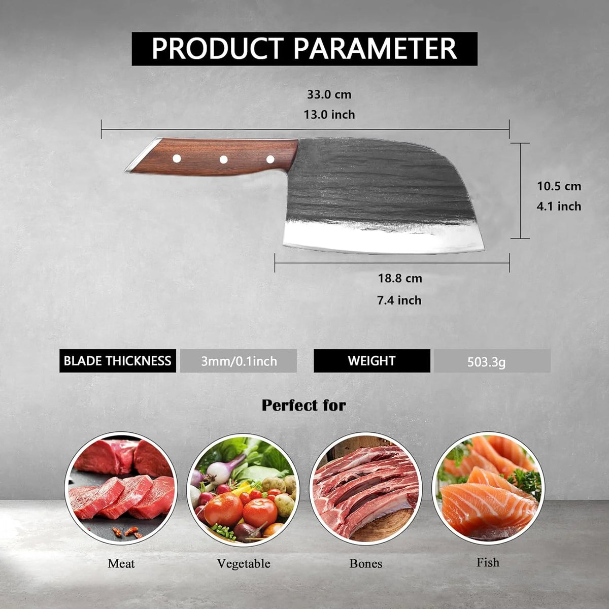 7.4 in Full Tang High Carbon Manganese Steel Meat Cleaver Knife I42605