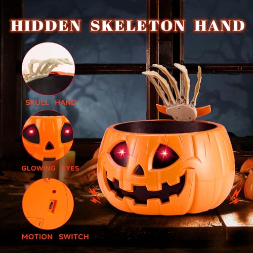 Animated Pumpkin Candy Bowl with Moving Skeleton Hand P428690