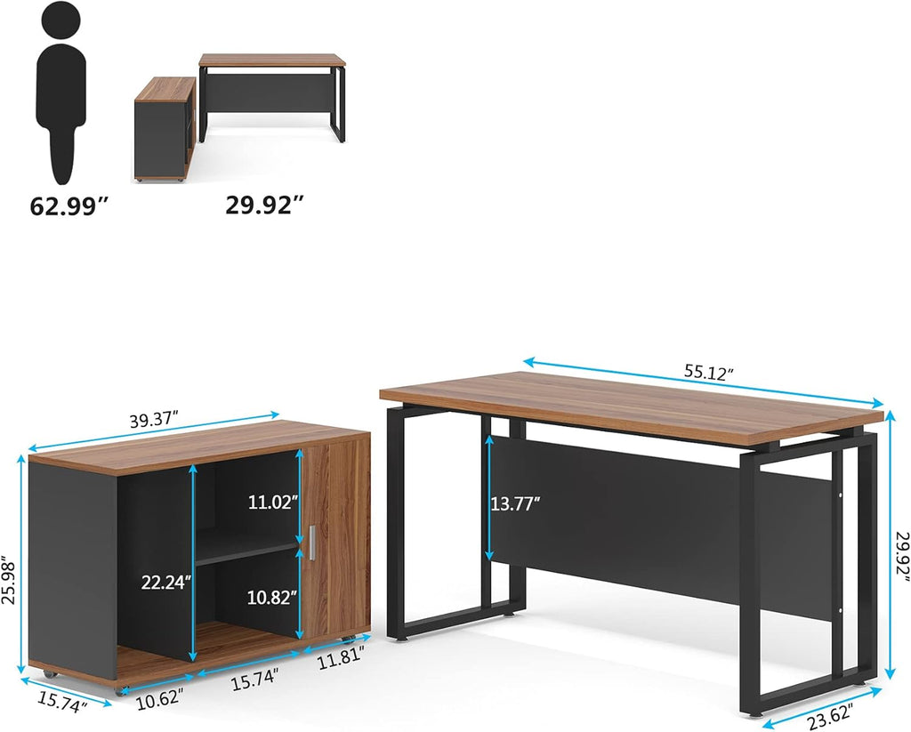 Dark Walnut Steel Gray L Shaped Desk with Storage Shelves and File Cabinet H113