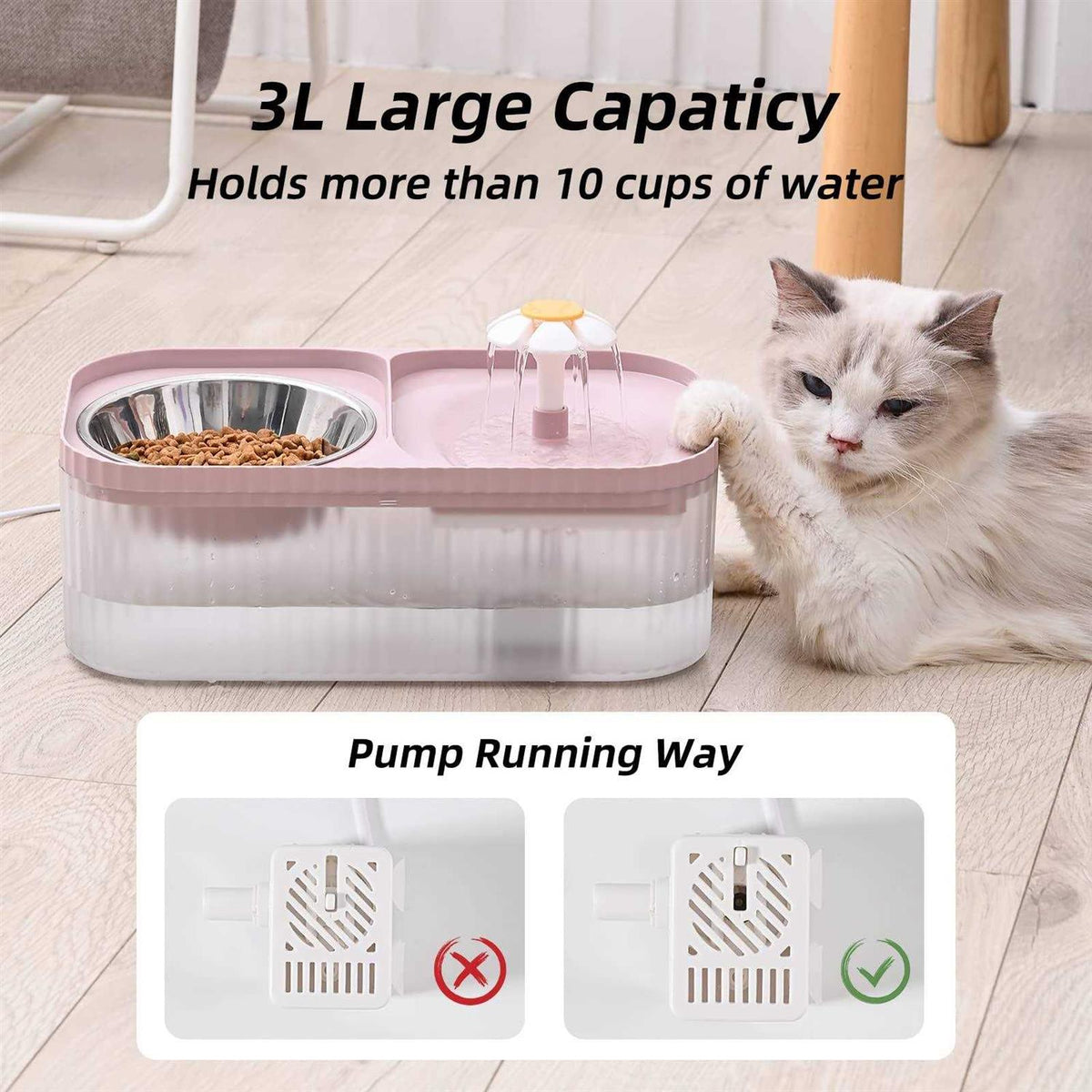 3L Ultra Quiet Cat Water Fountain and Food Bowl C83959