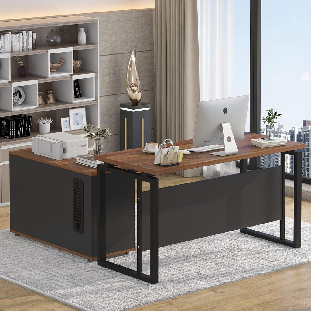 Dark Walnut Steel Gray L Shaped Desk with Storage Shelves and File Cabinet H113