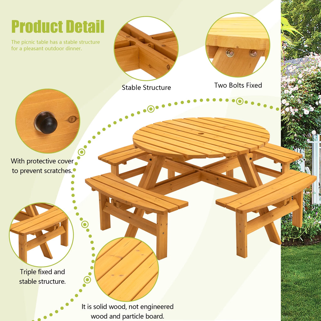 8-Person Wooden Picnic Table with 4 Built-in Benches N3674