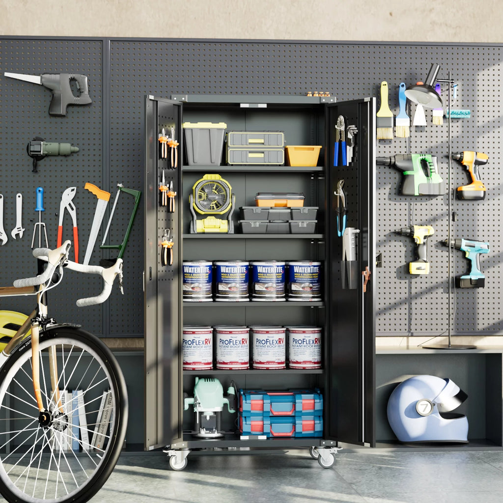 Black Metal Storage Cabinet with Wheels and Pegboard N2609