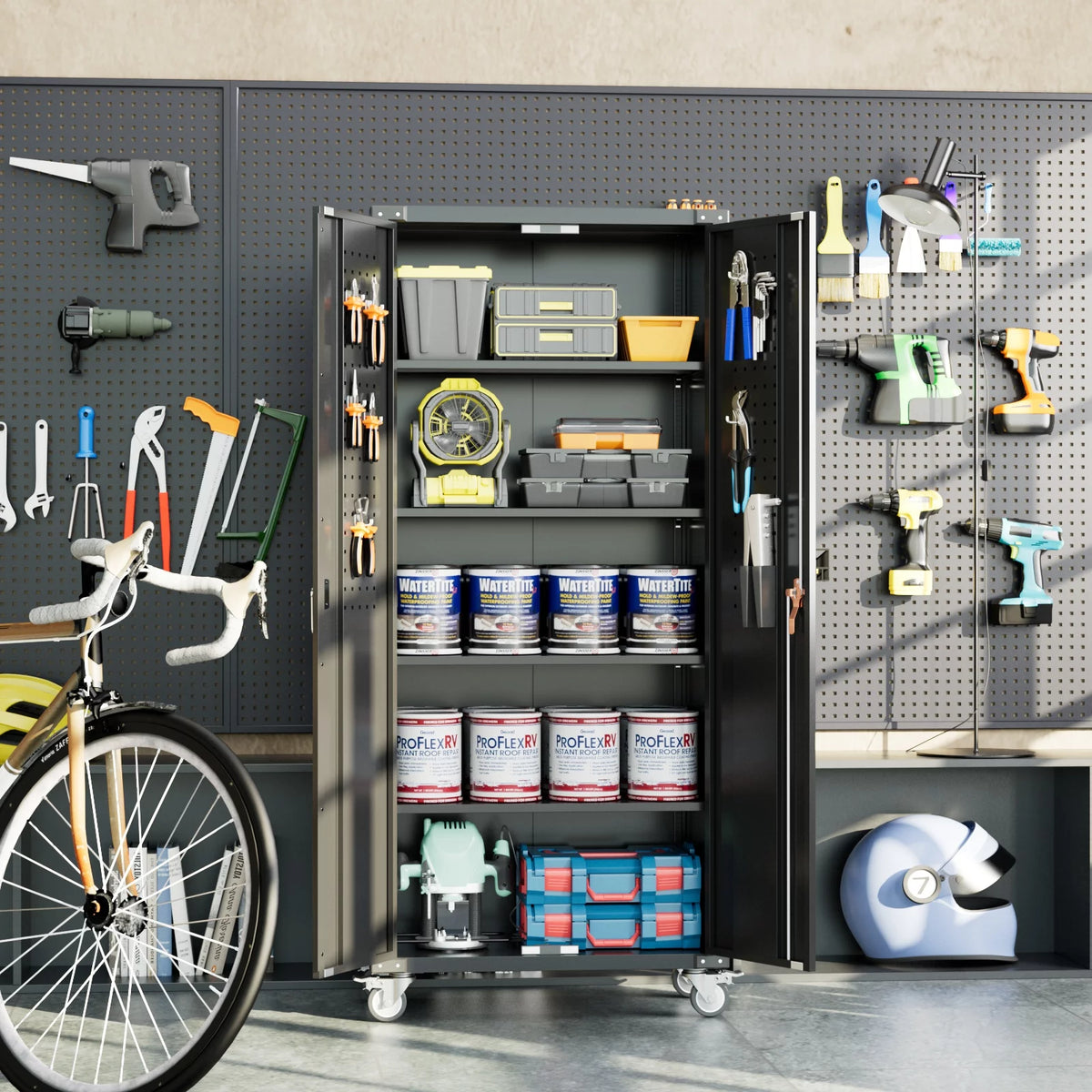 Black Metal Storage Cabinet with Wheels and Pegboard N2609