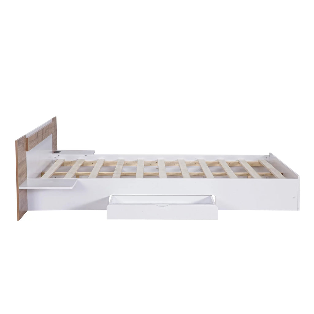 White Queen Size Wood Platform Bed with Storage Shelves and 2 Drawers Y16626