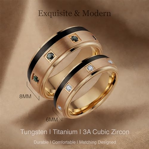 6mm & 8mm Tungsten Carbide Wedding Ring Sets with Clear and Black CZ Stones D8245