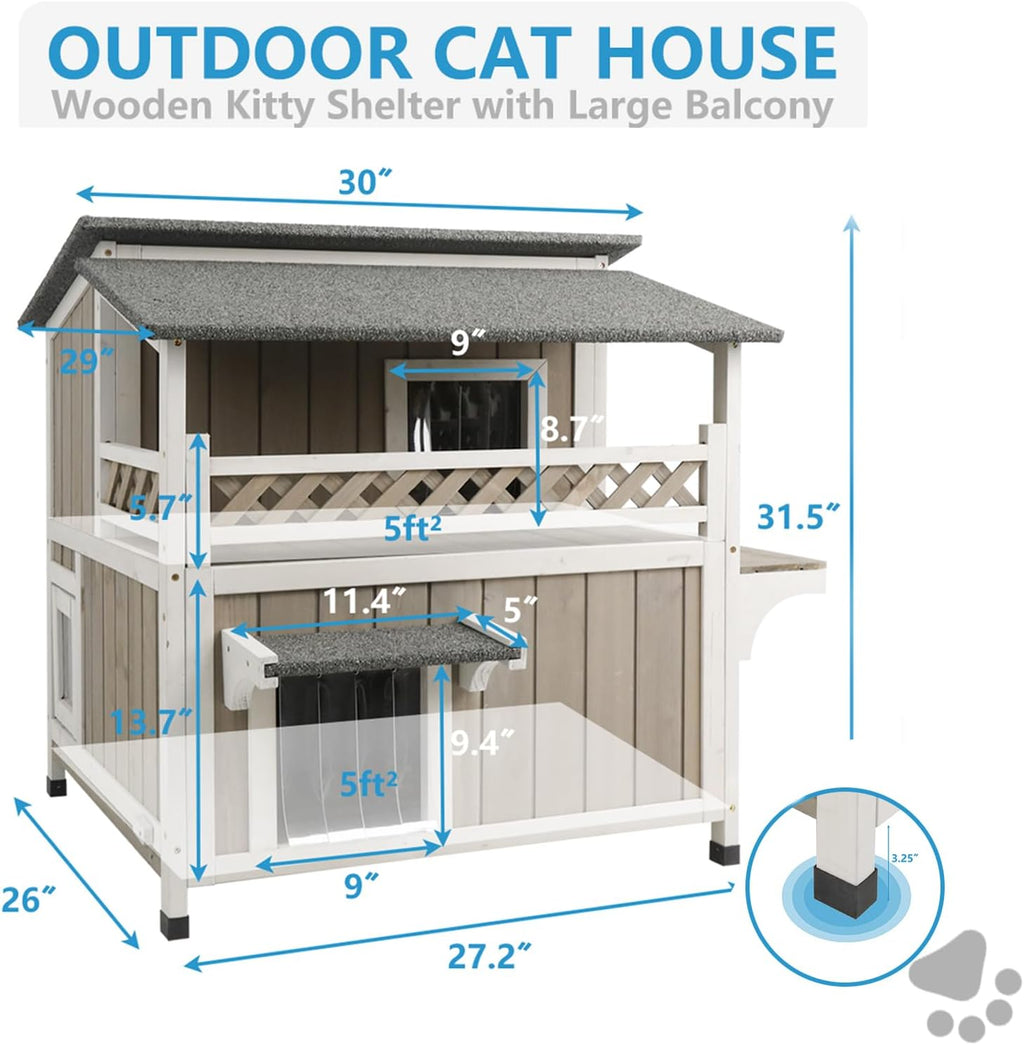 Outdoor 2-Story Wooden Cat House with Balcony M715054