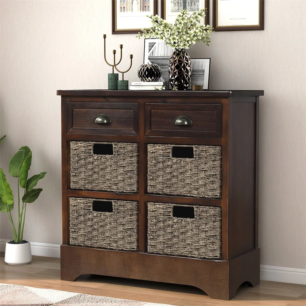 Espresso Wood Storage Cabinet with 2 Drawers and 4 Wicker Baskets B526