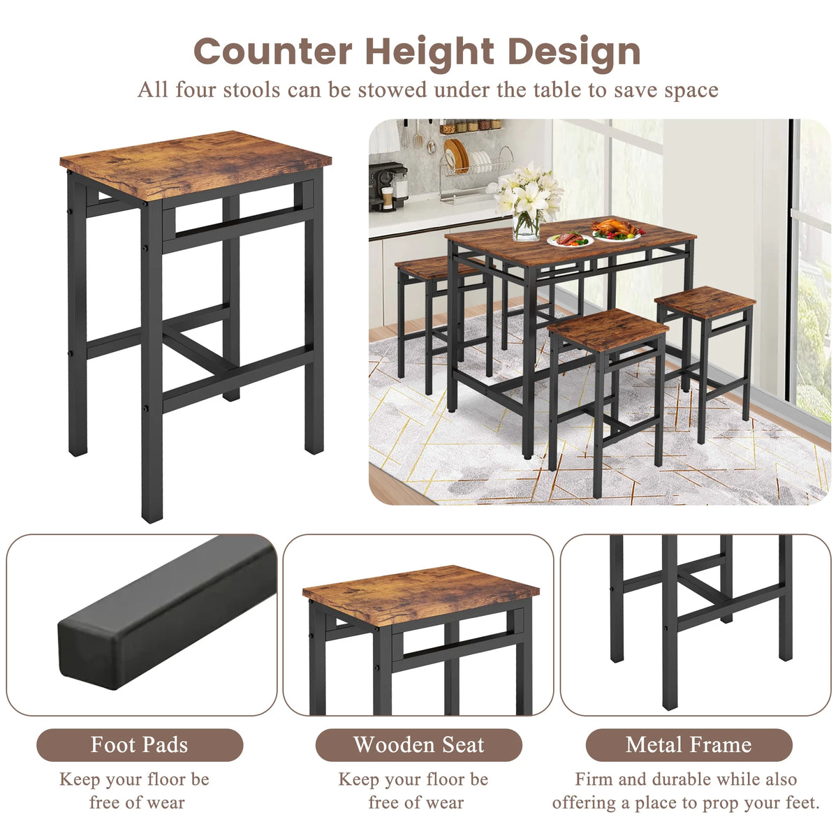 5-Piece Metal Frame Dining Table and Stools Q6009