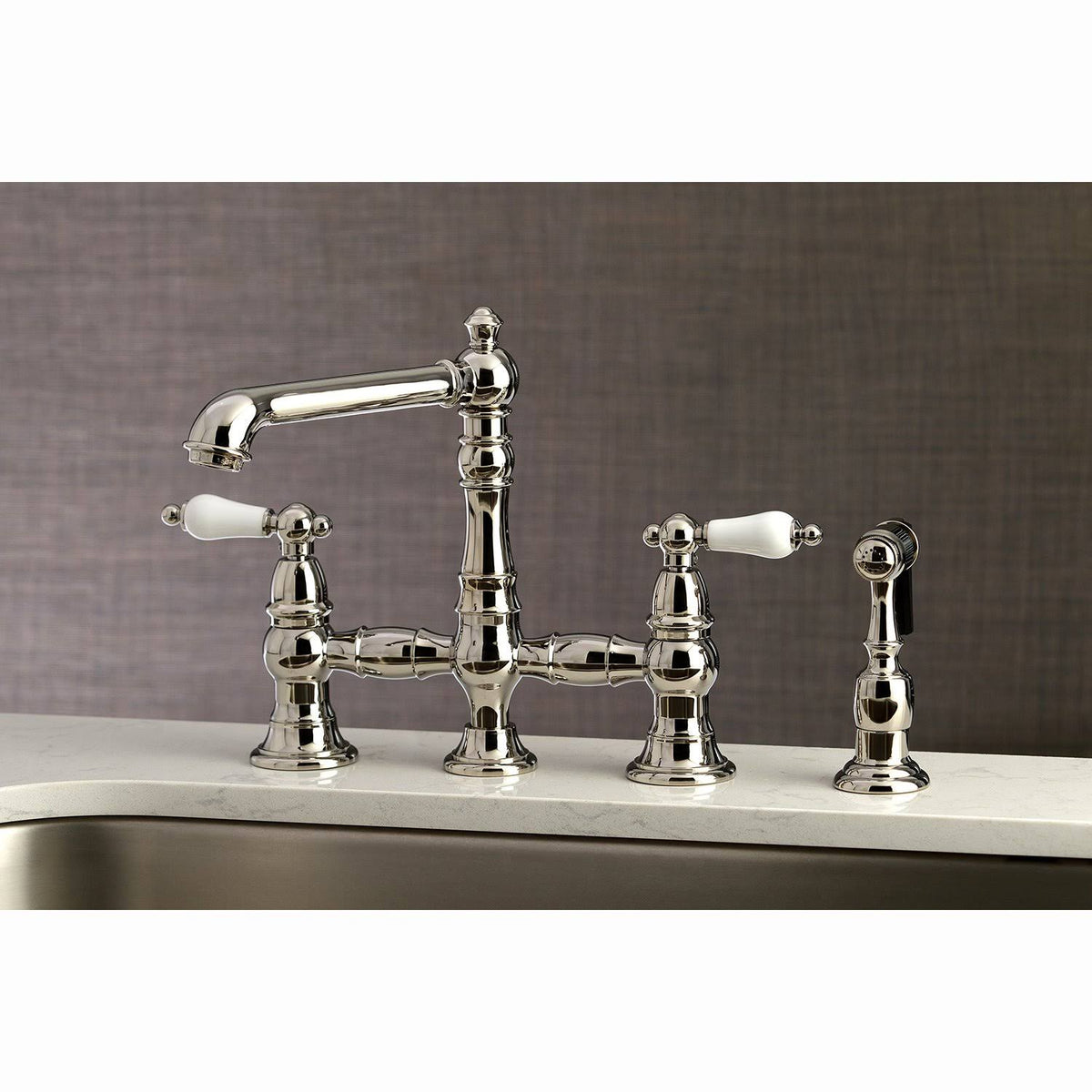 Brushed Nickel Bridge Kitchen Faucet with Sprayer D3606
