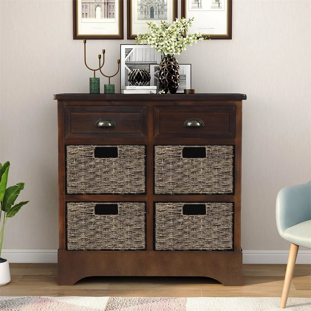 Espresso Wood Storage Cabinet with 2 Drawers and 4 Wicker Baskets B526