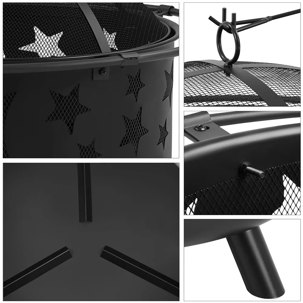 Black Iron Fire Pit with Poker Mesh Cover F8587