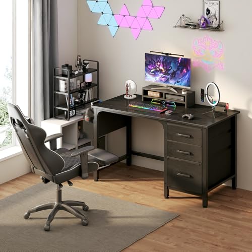 White 55 Inch Computer Desk with Fabric File Drawers Cabinet F14642