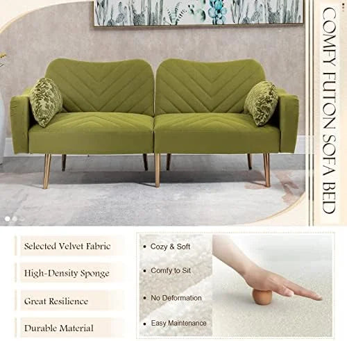 Modern Velvet Futon Sofa Bed Convertible Loveseat with 2 Pillows O39479
