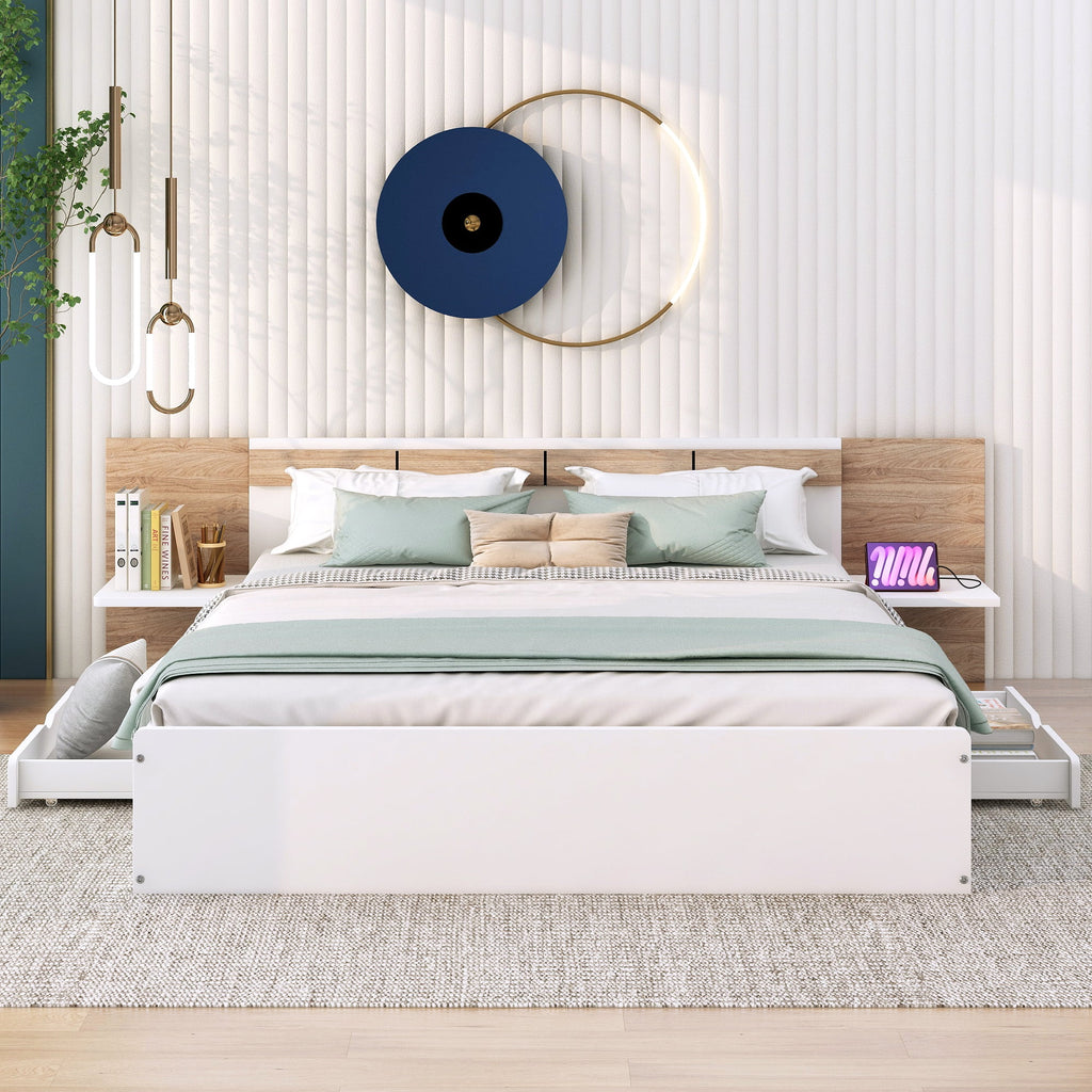 White Queen Size Wood Platform Bed with Storage Shelves and 2 Drawers Y16626