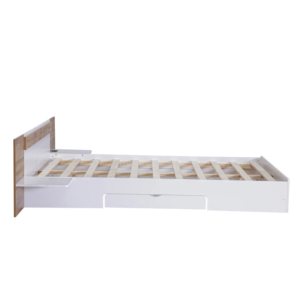 White Queen Size Wood Platform Bed with Storage Shelves and 2 Drawers Y16626