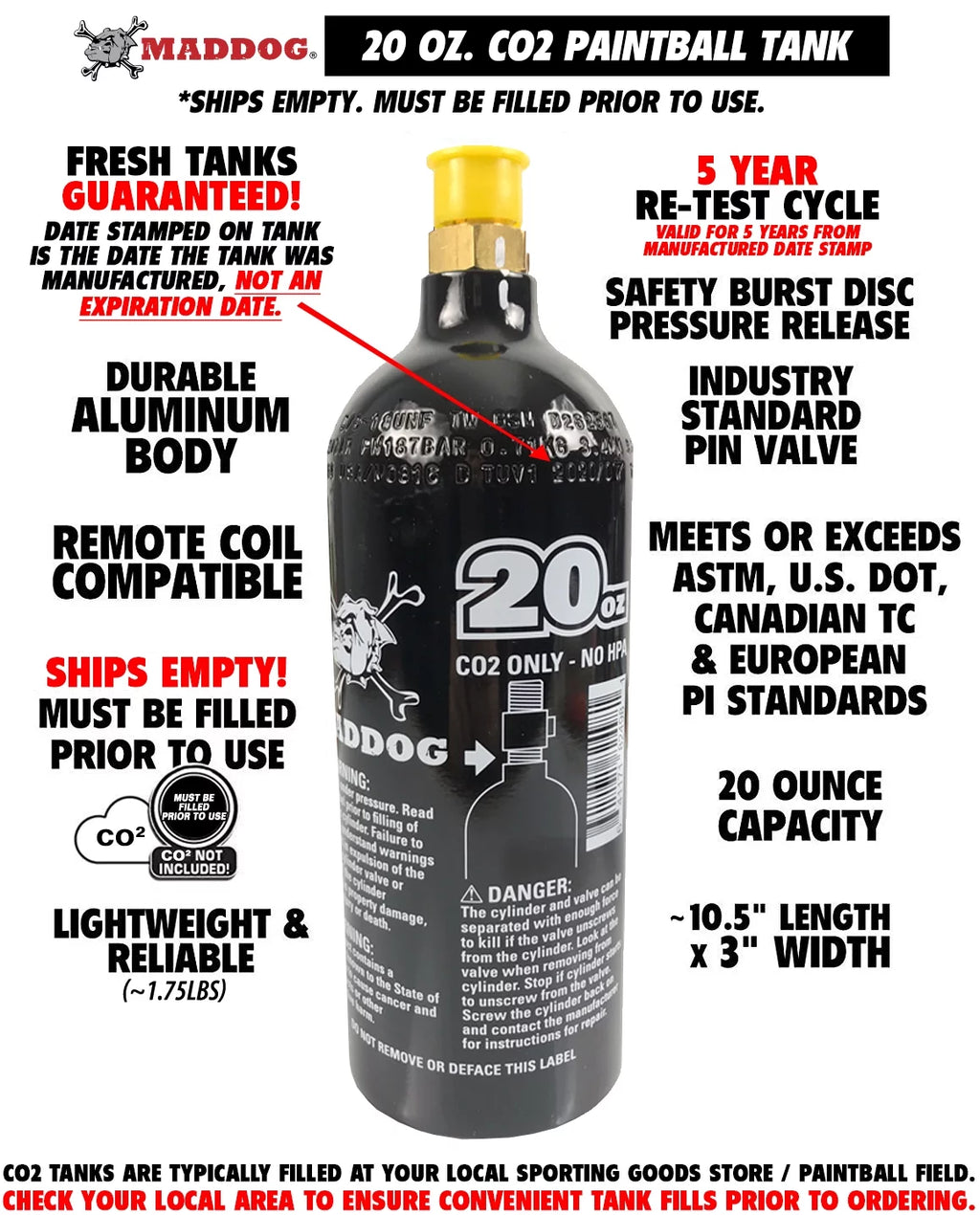 20 Oz CO2 Aluminum Paintball Tank Black K22838
