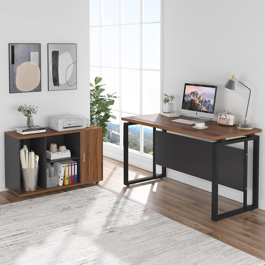 Dark Walnut Steel Gray L Shaped Desk with Storage Shelves and File Cabinet H113