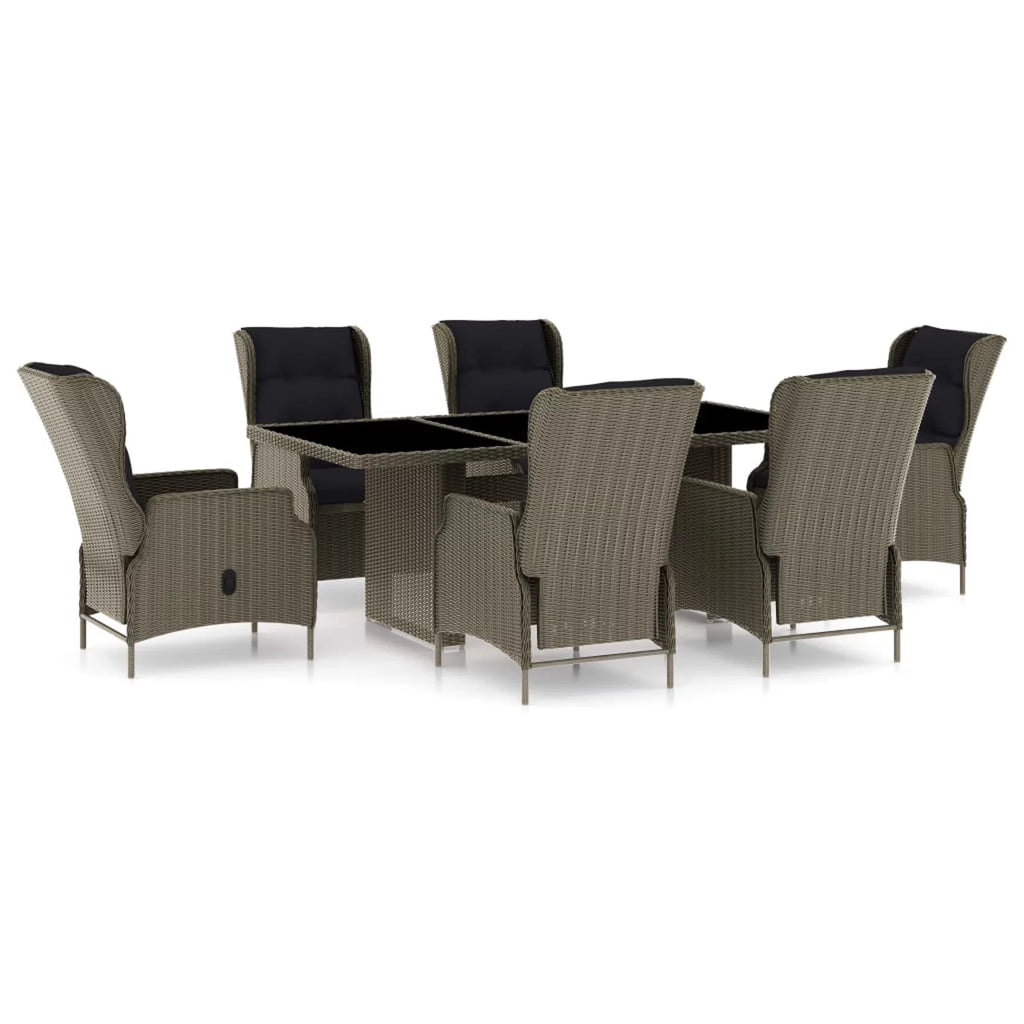 7 Piece Patio Dining Set Glass Tabletop Table and 6 Chairs with Cushion Brown Poly Rattan Q2809