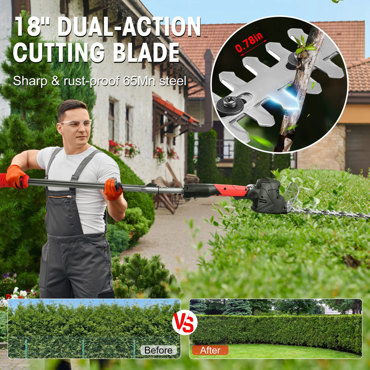 4-in-1 Telescoping Pole Hedge Trimmer Grass Shear Shrub Trimmer with 2.0 Ah Battery, 12V Red K3189
