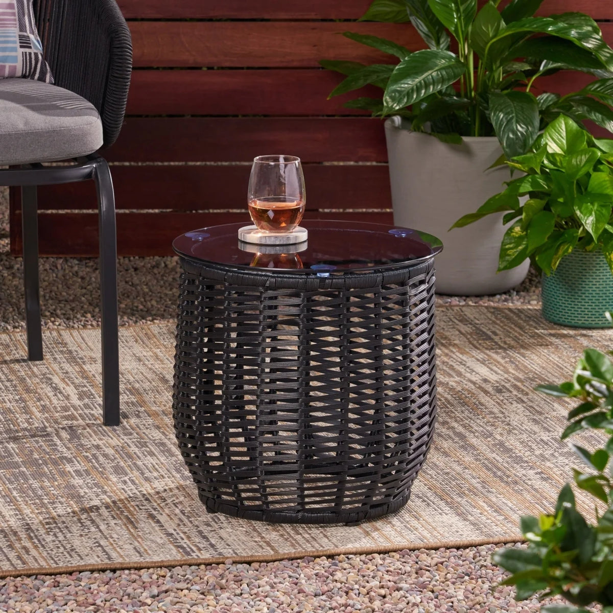 Black Wicker Side Table with Tempered Glass Top T555997